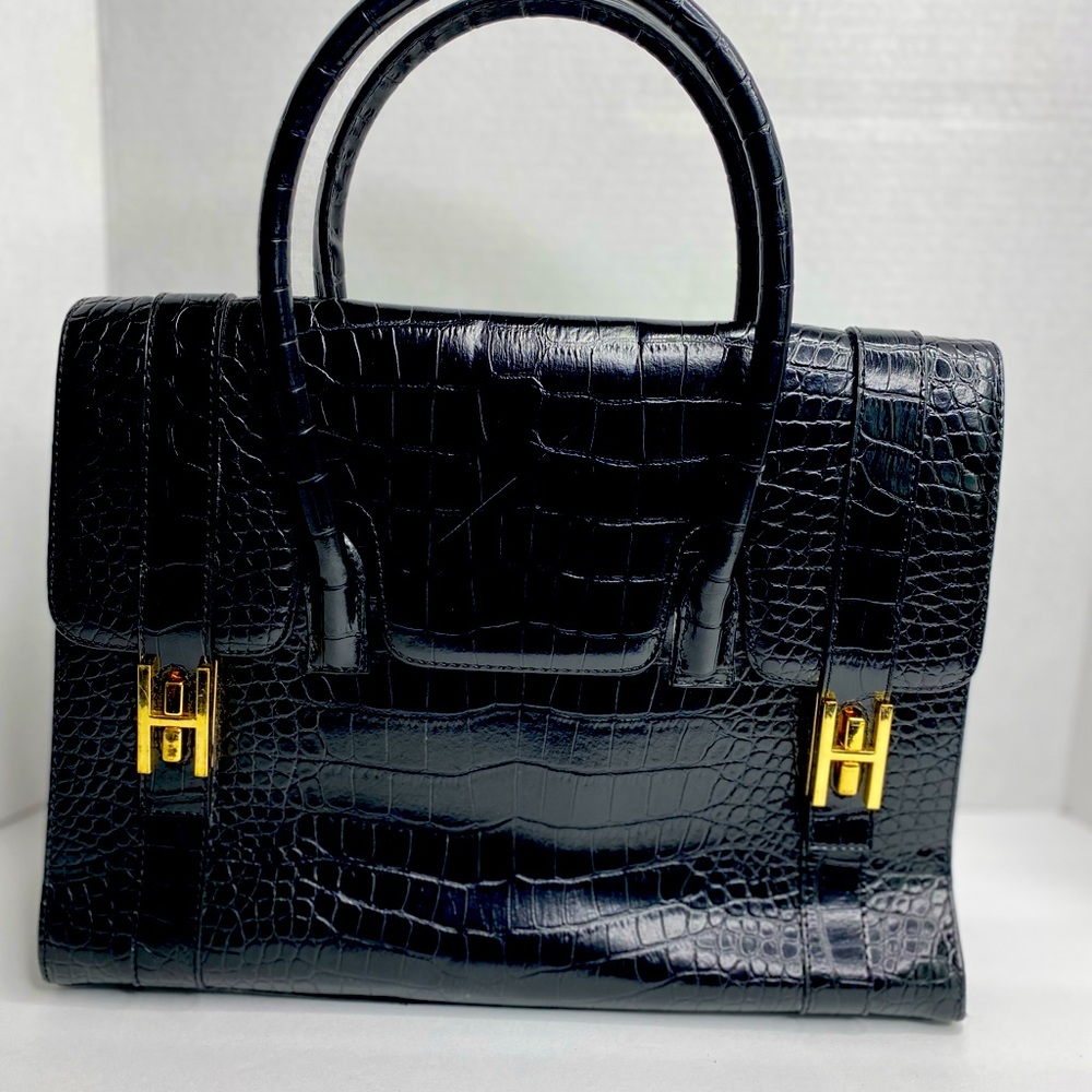 Crocodile Print Black & Gold Leather Tote